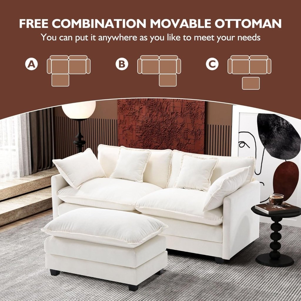 111.4 Inch L - Shaped Modern Sofa Modular Cloud Sofa with Ottoman, 4 - Seater Chenille Deep Seat Sofa with Pillows for Living Room, Bedroom and Apartment, Beige - Wigtrends
