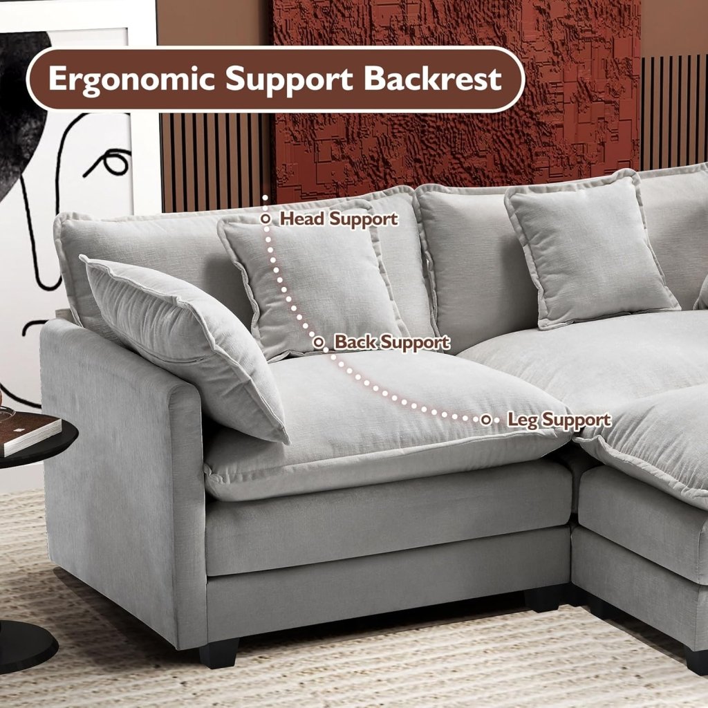 111.4 Inch L - Shaped Modern Sofa Modular Cloud Sofa with Ottoman, 4 - Seater Chenille Deep Seat Sofa with Pillows for Living Room, Bedroom and Apartment, Beige - Wigtrends
