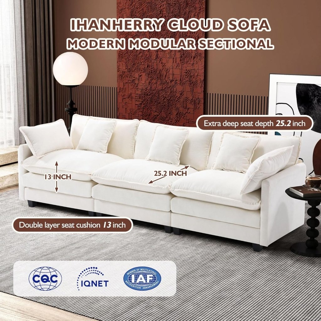 111.4 Inch L - Shaped Modern Sofa Modular Cloud Sofa with Ottoman, 4 - Seater Chenille Deep Seat Sofa with Pillows for Living Room, Bedroom and Apartment, Beige - Wigtrends