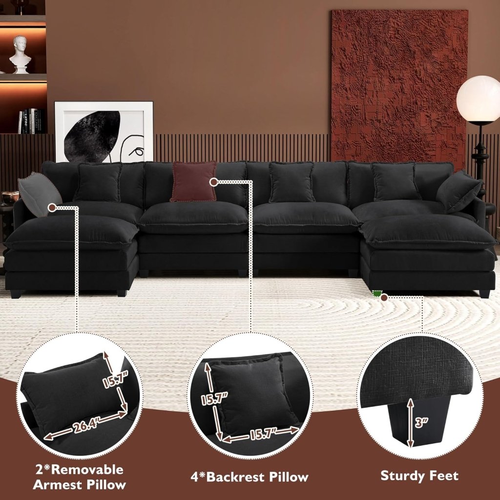111.4 Inch L - Shaped Modern Sofa Modular Cloud Sofa with Ottoman, 4 - Seater Chenille Deep Seat Sofa with Pillows for Living Room, Bedroom and Apartment, Beige - Wigtrends