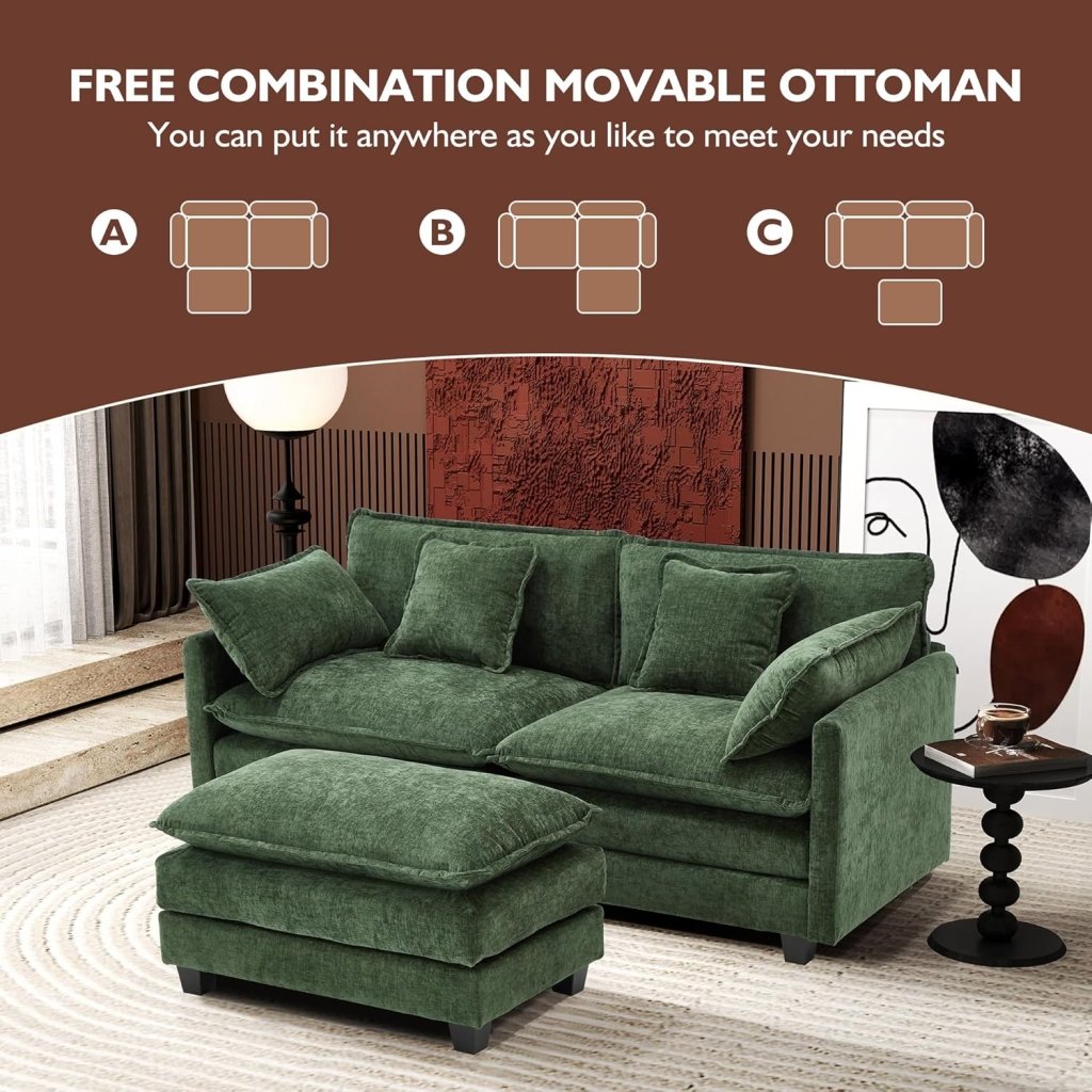 111.4 Inch L - Shaped Modern Sofa Modular Cloud Sofa with Ottoman, 4 - Seater Chenille Deep Seat Sofa with Pillows for Living Room, Bedroom and Apartment, Beige - Wigtrends