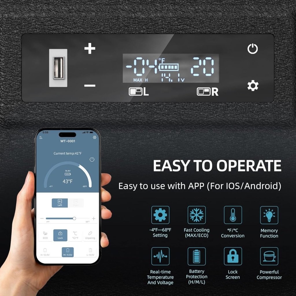 12V Car Refrigerator, 17 Quart Portable Freezer 12 Car Fridge ( - 4F~68F) Compressor Electric Cooler with 12/24V DC 110 - 240V AC, APP Control For Car Truck RV Camping, Travel Outdoor Home - Wigtrends
