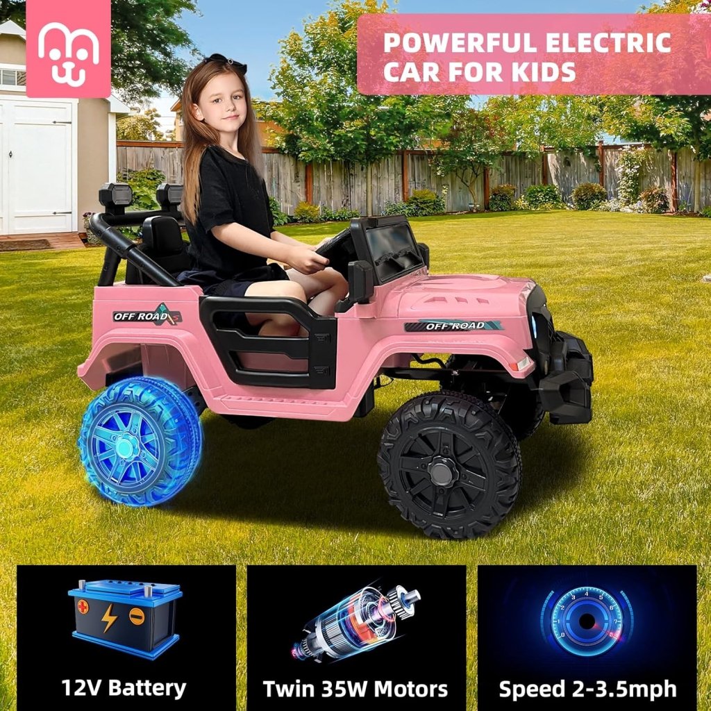 12V Kids Electric Ride on Truck Car Remote Control, Twin 35W Motors 3.5MPH Max Speed, Bluetooth USB Music Player, 4 Wheels Suspension LED Lights Safety Belt, Gift for Boy & Girl - Rosy - Wigtrends