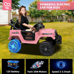 12V Kids Electric Ride on Truck Car Remote Control, Twin 35W Motors 3.5MPH Max Speed, Bluetooth USB Music Player, 4 Wheels Suspension LED Lights Safety Belt, Gift for Boy & Girl - Rosy - Wigtrends