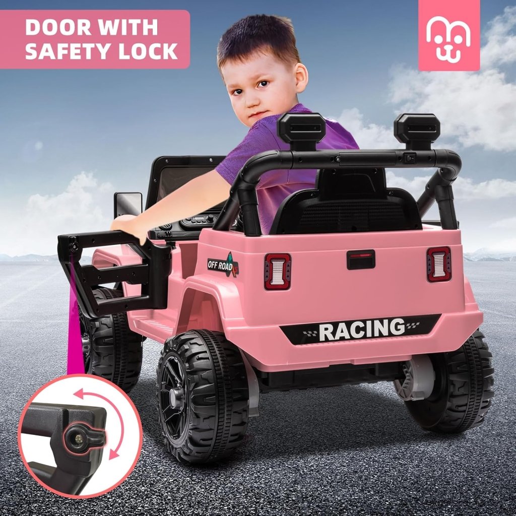 12V Kids Electric Ride on Truck Car Remote Control, Twin 35W Motors 3.5MPH Max Speed, Bluetooth USB Music Player, 4 Wheels Suspension LED Lights Safety Belt, Gift for Boy & Girl - Rosy - Wigtrends