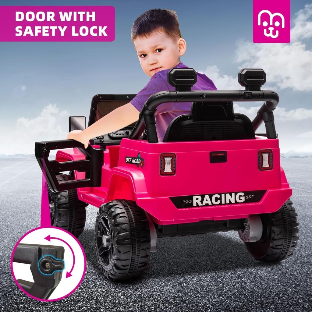 12V Kids Electric Ride on Truck Car Remote Control, Twin 35W Motors 3.5MPH Max Speed, Bluetooth USB Music Player, 4 Wheels Suspension LED Lights Safety Belt, Gift for Boy & Girl - Rosy - Wigtrends