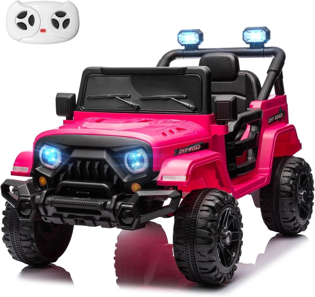 12V Kids Electric Ride on Truck Car Remote Control, Twin 35W Motors 3.5MPH Max Speed, Bluetooth USB Music Player, 4 Wheels Suspension LED Lights Safety Belt, Gift for Boy & Girl - Rosy - Wigtrends