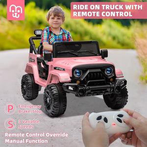12V Kids Electric Ride on Truck Car Remote Control, Twin 35W Motors 3.5MPH Max Speed, Bluetooth USB Music Player, 4 Wheels Suspension LED Lights Safety Belt, Gift for Boy & Girl - Rosy - Wigtrends