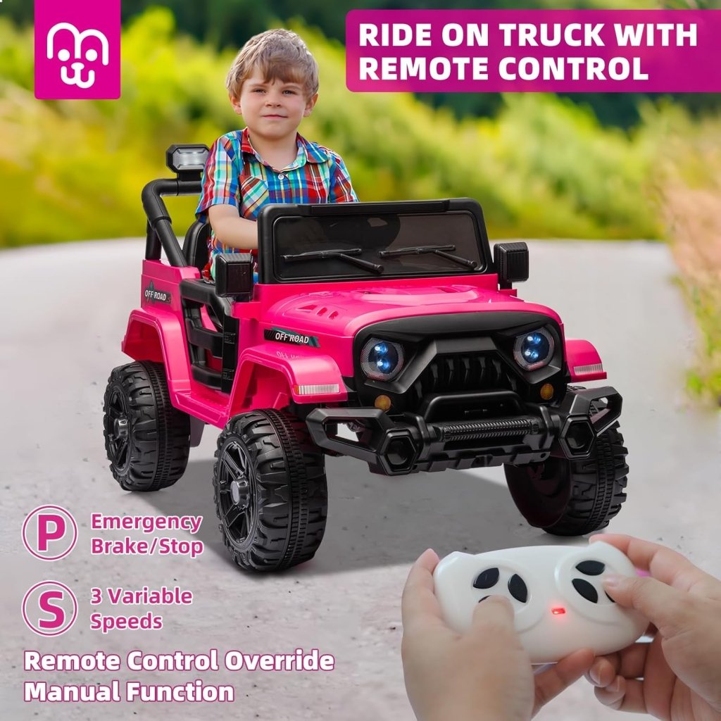 12V Kids Electric Ride on Truck Car Remote Control, Twin 35W Motors 3.5MPH Max Speed, Bluetooth USB Music Player, 4 Wheels Suspension LED Lights Safety Belt, Gift for Boy & Girl - Rosy - Wigtrends