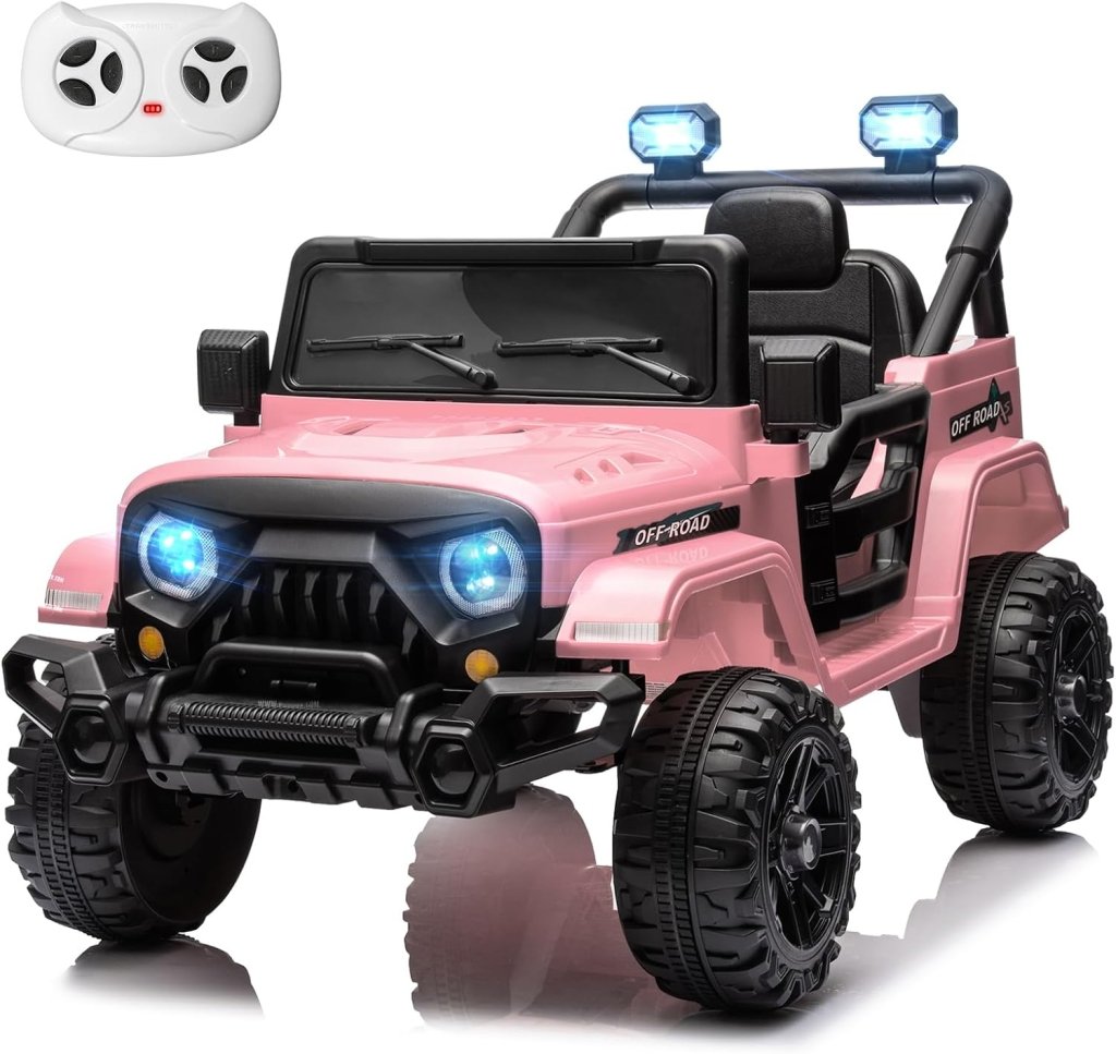 12V Kids Electric Ride on Truck Car Remote Control, Twin 35W Motors 3.5MPH Max Speed, Bluetooth USB Music Player, 4 Wheels Suspension LED Lights Safety Belt, Gift for Boy & Girl - Rosy - Wigtrends