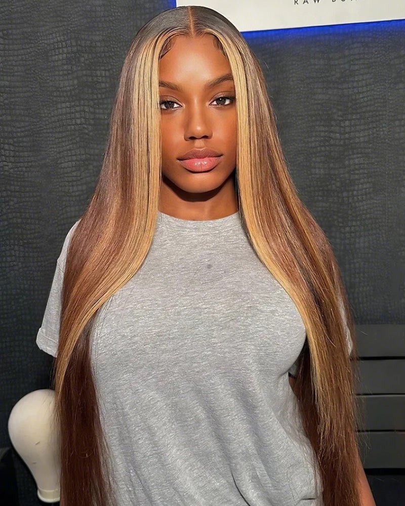 13x4 Lace Honey Blonde with Piano Highlights - Straight Colored Lace Front Human Hair Wig - Wigtrends