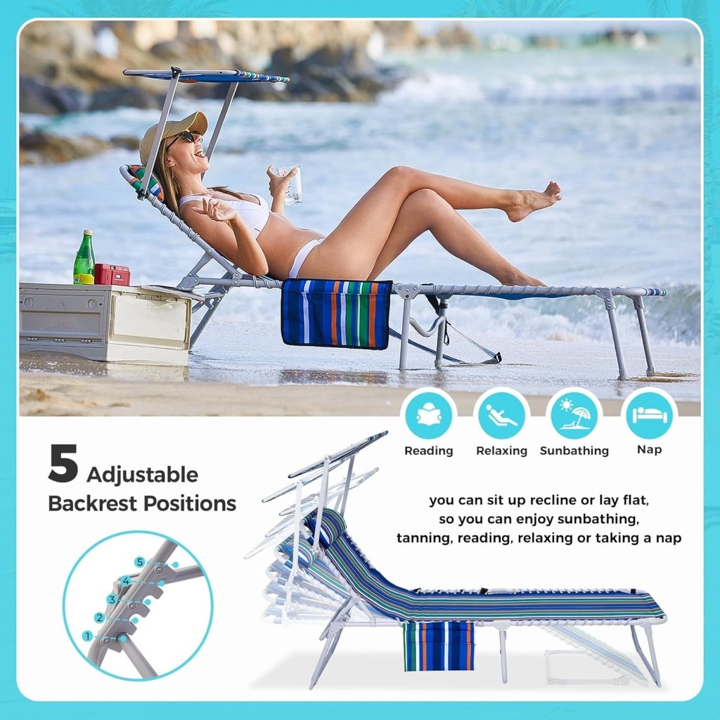 2 Pack Outdoor Chaise Lounge Chair - Portable Folding Patio Pool Lounge Chair, 5 Positions Adjustable Reclining Camping Chair with Side Table,Shoulder Strap, Pillow for Beach Sunbathing Lawn - Wigtrends