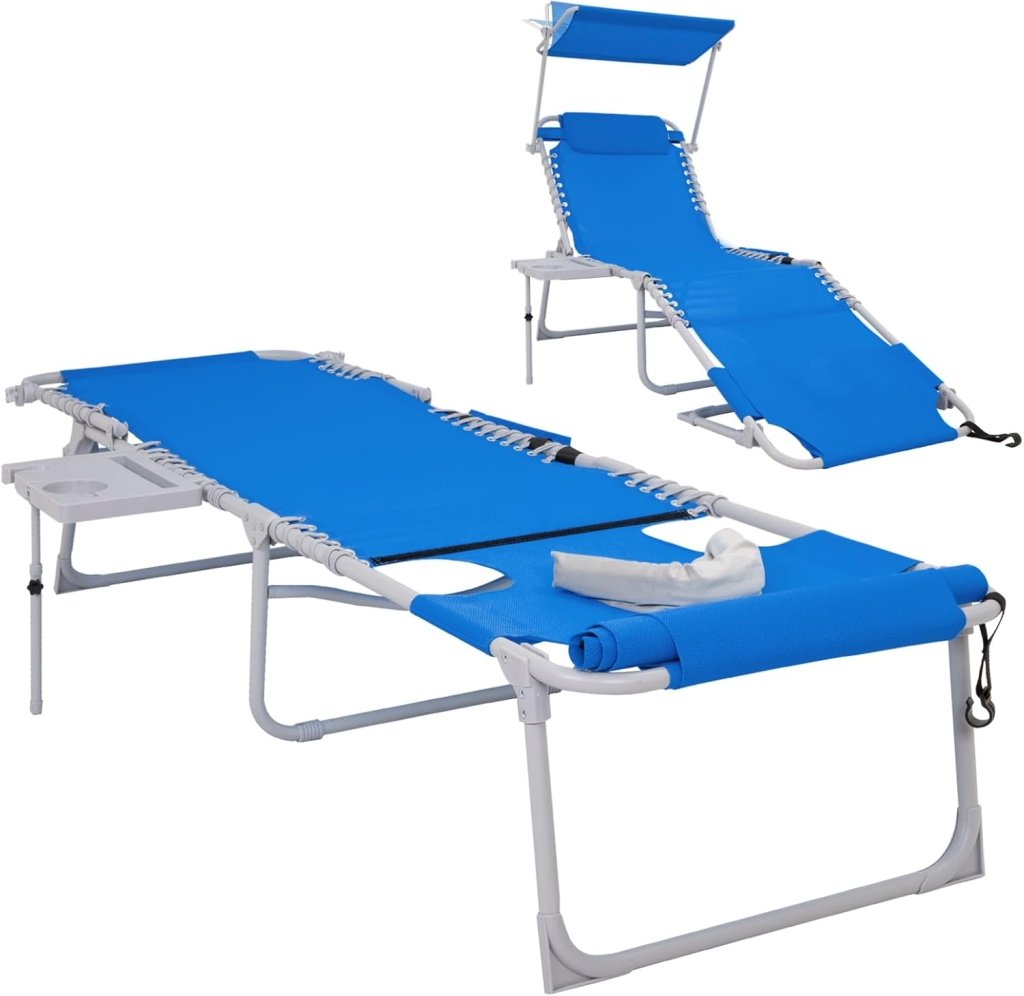 2 Pack Outdoor Chaise Lounge Chair - Portable Folding Patio Pool Lounge Chair, 5 Positions Adjustable Reclining Camping Chair with Side Table,Shoulder Strap, Pillow for Beach Sunbathing Lawn - Wigtrends