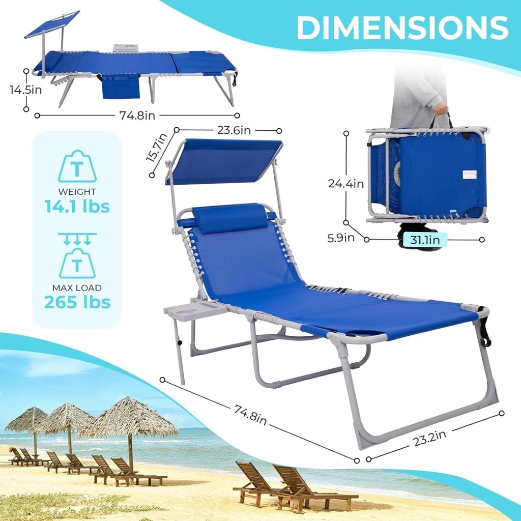 2 Pack Outdoor Chaise Lounge Chair - Portable Folding Patio Pool Lounge Chair, 5 Positions Adjustable Reclining Camping Chair with Side Table,Shoulder Strap, Pillow for Beach Sunbathing Lawn - Wigtrends