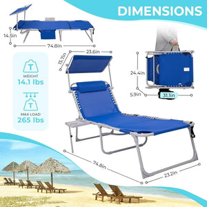 2 Pack Outdoor Chaise Lounge Chair - Portable Folding Patio Pool Lounge Chair, 5 Positions Adjustable Reclining Camping Chair with Side Table,Shoulder Strap, Pillow for Beach Sunbathing Lawn - Wigtrends