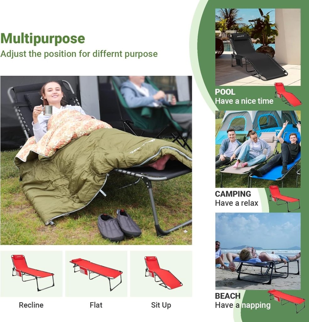 2 Pack Outdoor Chaise Lounge Chair - Portable Folding Patio Pool Lounge Chair, 5 Positions Adjustable Reclining Camping Chair with Side Table,Shoulder Strap, Pillow for Beach Sunbathing Lawn - Wigtrends