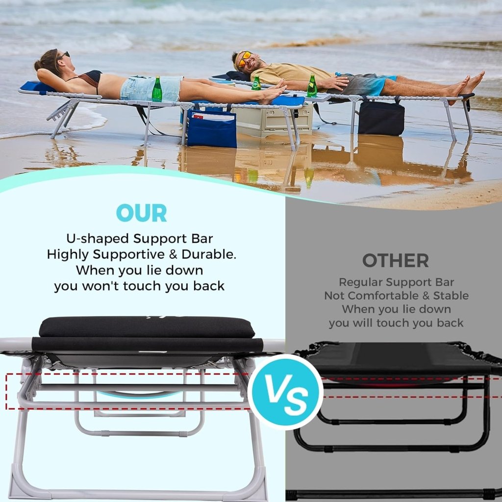 2 Pack Outdoor Chaise Lounge Chair - Portable Folding Patio Pool Lounge Chair, 5 Positions Adjustable Reclining Camping Chair with Side Table,Shoulder Strap, Pillow for Beach Sunbathing Lawn - Wigtrends