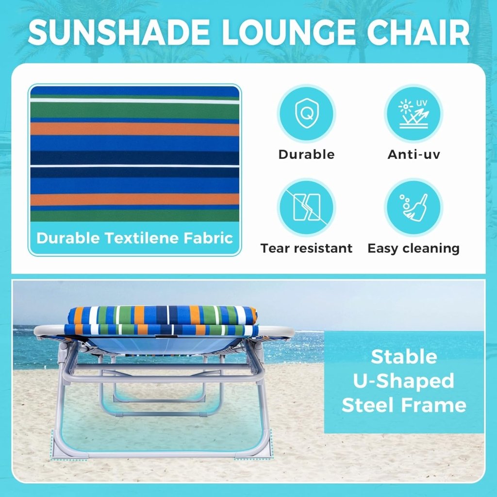 2 Pack Outdoor Chaise Lounge Chair - Portable Folding Patio Pool Lounge Chair, 5 Positions Adjustable Reclining Camping Chair with Side Table,Shoulder Strap, Pillow for Beach Sunbathing Lawn - Wigtrends