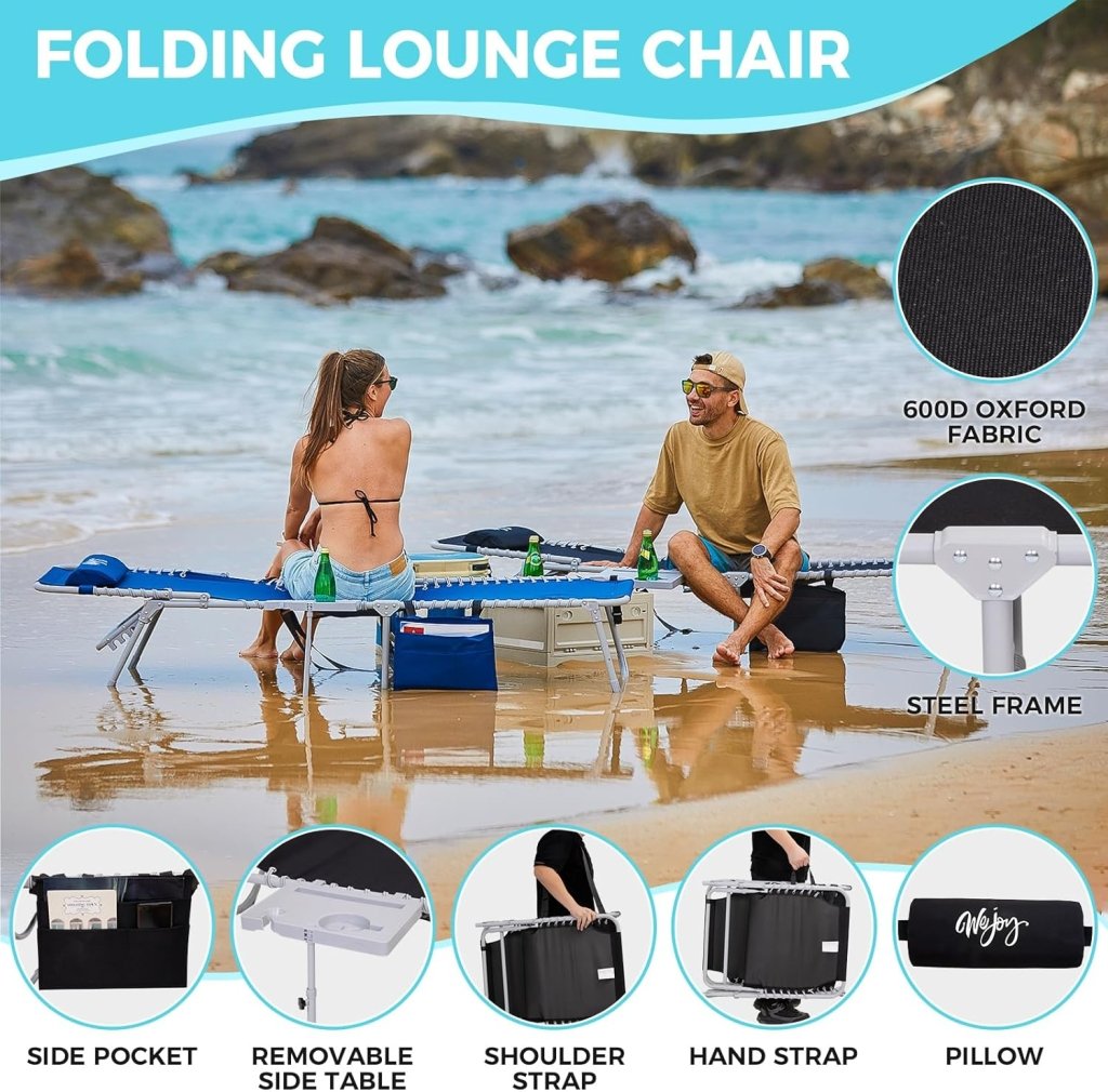 2 Pack Outdoor Chaise Lounge Chair - Portable Folding Patio Pool Lounge Chair, 5 Positions Adjustable Reclining Camping Chair with Side Table,Shoulder Strap, Pillow for Beach Sunbathing Lawn - Wigtrends