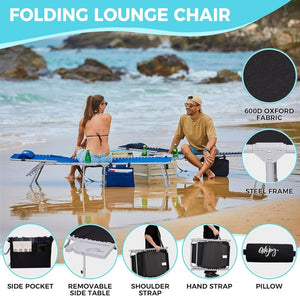 2 Pack Outdoor Chaise Lounge Chair - Portable Folding Patio Pool Lounge Chair, 5 Positions Adjustable Reclining Camping Chair with Side Table,Shoulder Strap, Pillow for Beach Sunbathing Lawn - Wigtrends