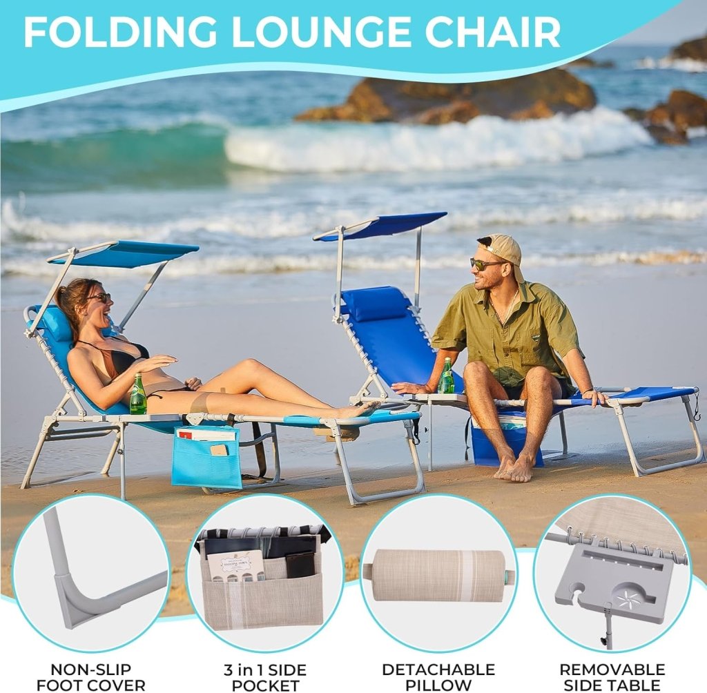 2 Pack Outdoor Chaise Lounge Chair - Portable Folding Patio Pool Lounge Chair, 5 Positions Adjustable Reclining Camping Chair with Side Table,Shoulder Strap, Pillow for Beach Sunbathing Lawn - Wigtrends