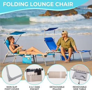 2 Pack Outdoor Chaise Lounge Chair - Portable Folding Patio Pool Lounge Chair, 5 Positions Adjustable Reclining Camping Chair with Side Table,Shoulder Strap, Pillow for Beach Sunbathing Lawn - Wigtrends
