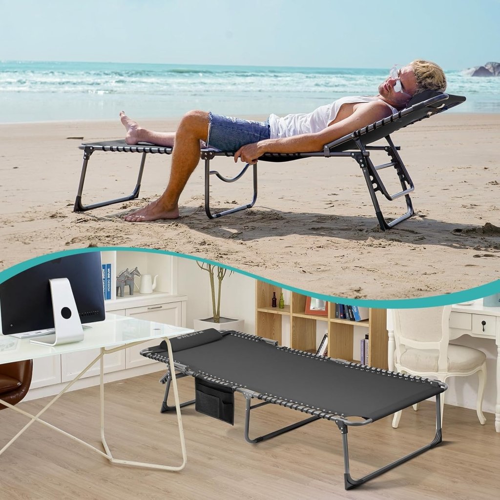 2 Pack Outdoor Chaise Lounge Chair - Portable Folding Patio Pool Lounge Chair, 5 Positions Adjustable Reclining Camping Chair with Side Table,Shoulder Strap, Pillow for Beach Sunbathing Lawn - Wigtrends