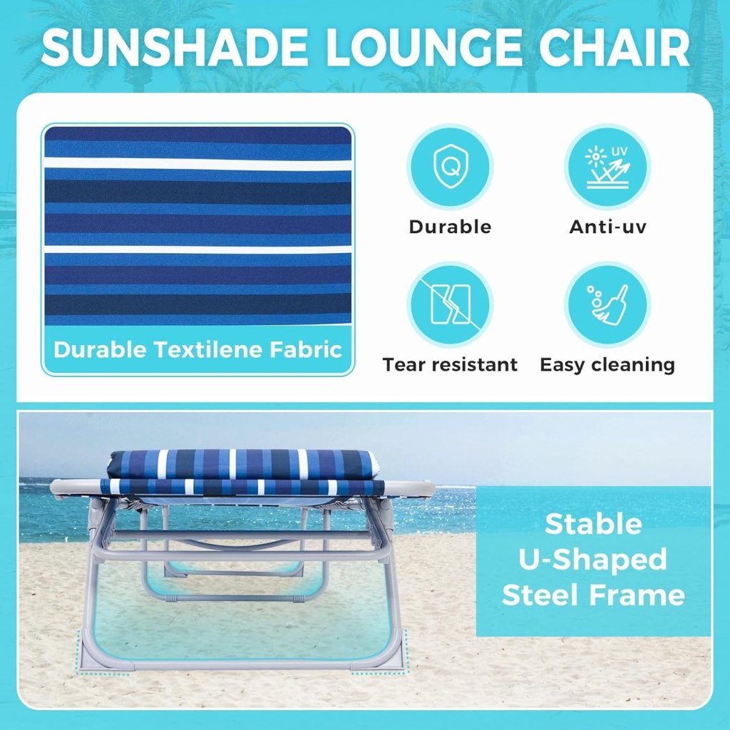 2 Pack Outdoor Chaise Lounge Chair - Portable Folding Patio Pool Lounge Chair, 5 Positions Adjustable Reclining Camping Chair with Side Table,Shoulder Strap, Pillow for Beach Sunbathing Lawn - Wigtrends