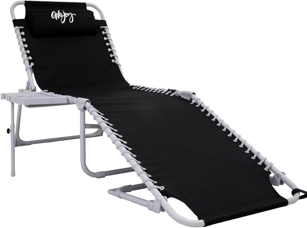 2 Pack Outdoor Chaise Lounge Chair - Portable Folding Patio Pool Lounge Chair, 5 Positions Adjustable Reclining Camping Chair with Side Table,Shoulder Strap, Pillow for Beach Sunbathing Lawn - Wigtrends