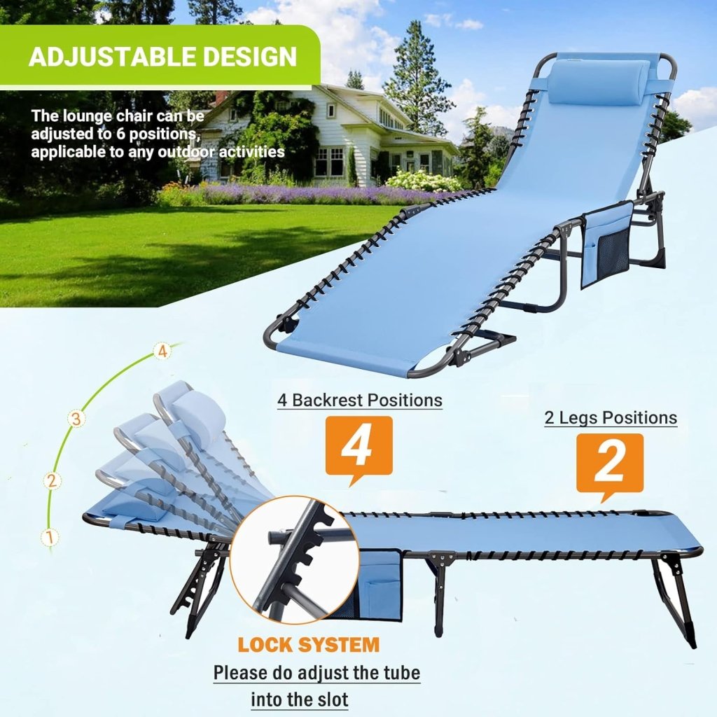 2 Pack Outdoor Chaise Lounge Chair - Portable Folding Patio Pool Lounge Chair, 5 Positions Adjustable Reclining Camping Chair with Side Table,Shoulder Strap, Pillow for Beach Sunbathing Lawn - Wigtrends