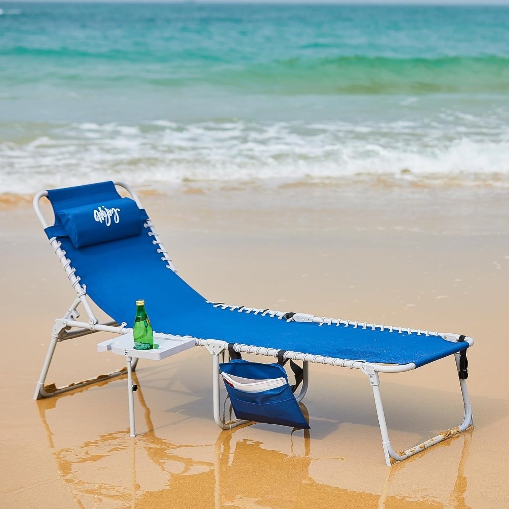 2 Pack Outdoor Chaise Lounge Chair - Portable Folding Patio Pool Lounge Chair, 5 Positions Adjustable Reclining Camping Chair with Side Table,Shoulder Strap, Pillow for Beach Sunbathing Lawn - Wigtrends