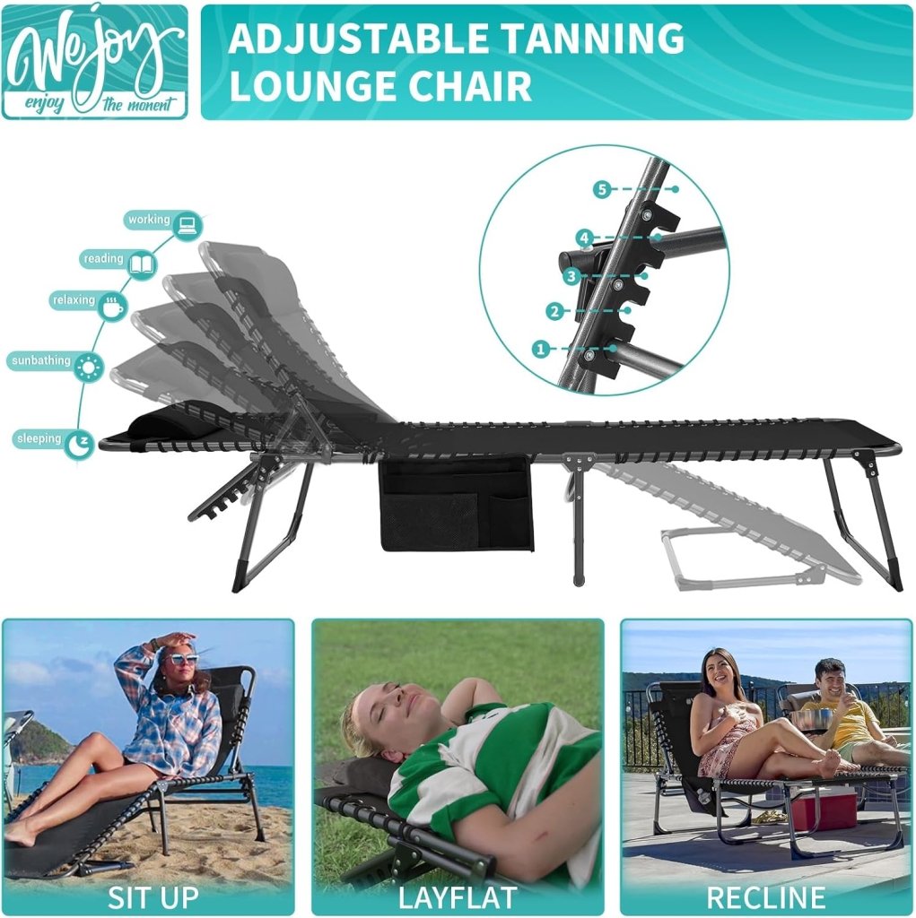 2 Pack Outdoor Chaise Lounge Chair - Portable Folding Patio Pool Lounge Chair, 5 Positions Adjustable Reclining Camping Chair with Side Table,Shoulder Strap, Pillow for Beach Sunbathing Lawn - Wigtrends