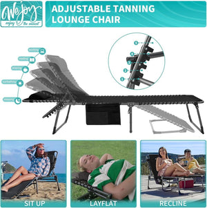 2 Pack Outdoor Chaise Lounge Chair - Portable Folding Patio Pool Lounge Chair, 5 Positions Adjustable Reclining Camping Chair with Side Table,Shoulder Strap, Pillow for Beach Sunbathing Lawn - Wigtrends