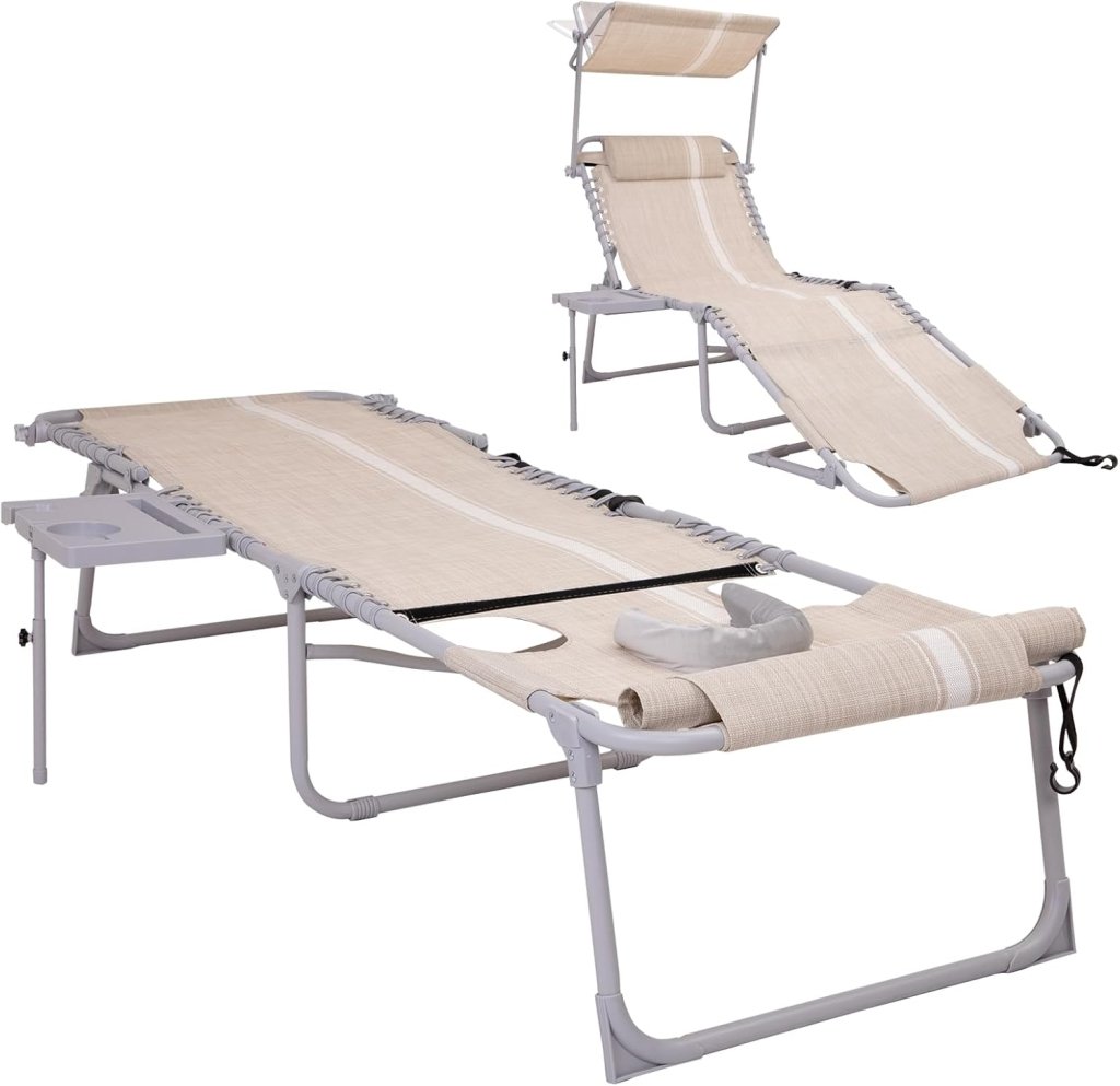 2 Pack Outdoor Chaise Lounge Chair - Portable Folding Patio Pool Lounge Chair, 5 Positions Adjustable Reclining Camping Chair with Side Table,Shoulder Strap, Pillow for Beach Sunbathing Lawn - Wigtrends