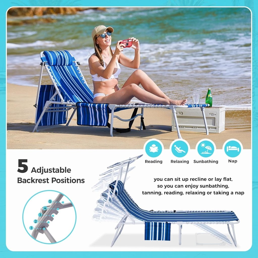 2 Pack Outdoor Chaise Lounge Chair - Portable Folding Patio Pool Lounge Chair, 5 Positions Adjustable Reclining Camping Chair with Side Table,Shoulder Strap, Pillow for Beach Sunbathing Lawn - Wigtrends