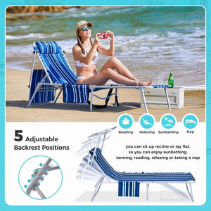 2 Pack Outdoor Chaise Lounge Chair - Portable Folding Patio Pool Lounge Chair, 5 Positions Adjustable Reclining Camping Chair with Side Table,Shoulder Strap, Pillow for Beach Sunbathing Lawn - Wigtrends