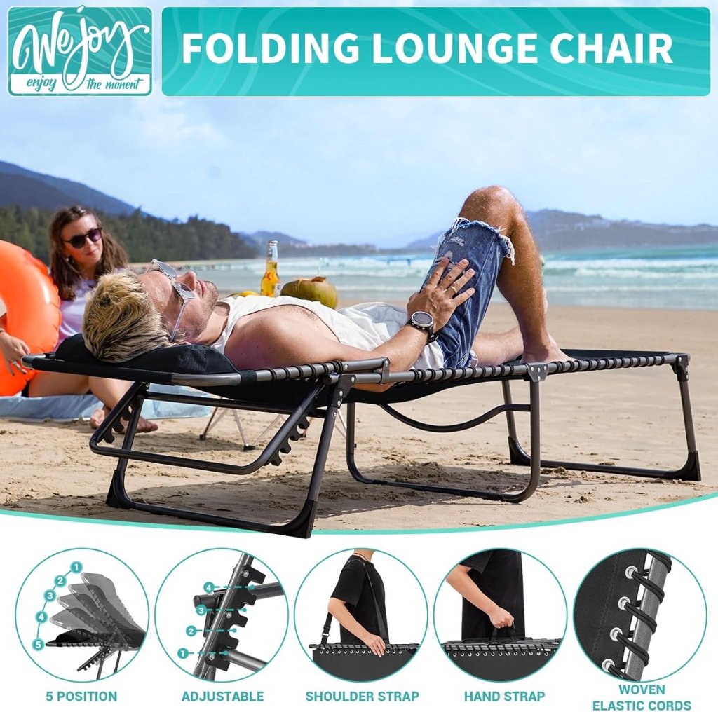 2 Pack Outdoor Chaise Lounge Chair - Portable Folding Patio Pool Lounge Chair, 5 Positions Adjustable Reclining Camping Chair with Side Table,Shoulder Strap, Pillow for Beach Sunbathing Lawn - Wigtrends
