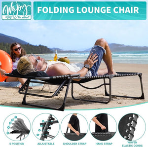 2 Pack Outdoor Chaise Lounge Chair - Portable Folding Patio Pool Lounge Chair, 5 Positions Adjustable Reclining Camping Chair with Side Table,Shoulder Strap, Pillow for Beach Sunbathing Lawn - Wigtrends