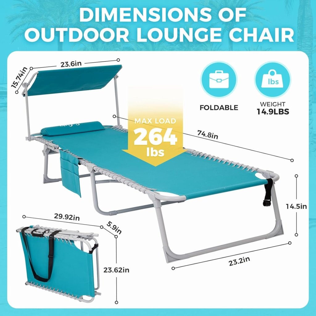 2 Pack Outdoor Chaise Lounge Chair - Portable Folding Patio Pool Lounge Chair, 5 Positions Adjustable Reclining Camping Chair with Side Table,Shoulder Strap, Pillow for Beach Sunbathing Lawn - Wigtrends