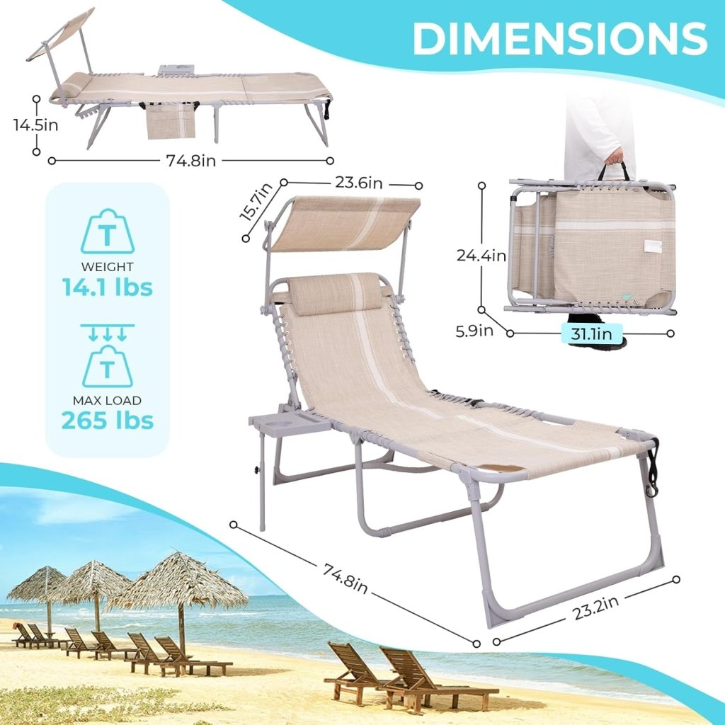 2 Pack Outdoor Chaise Lounge Chair - Portable Folding Patio Pool Lounge Chair, 5 Positions Adjustable Reclining Camping Chair with Side Table,Shoulder Strap, Pillow for Beach Sunbathing Lawn - Wigtrends