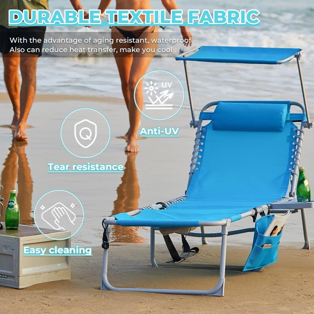 2 Pack Outdoor Chaise Lounge Chair - Portable Folding Patio Pool Lounge Chair, 5 Positions Adjustable Reclining Camping Chair with Side Table,Shoulder Strap, Pillow for Beach Sunbathing Lawn - Wigtrends