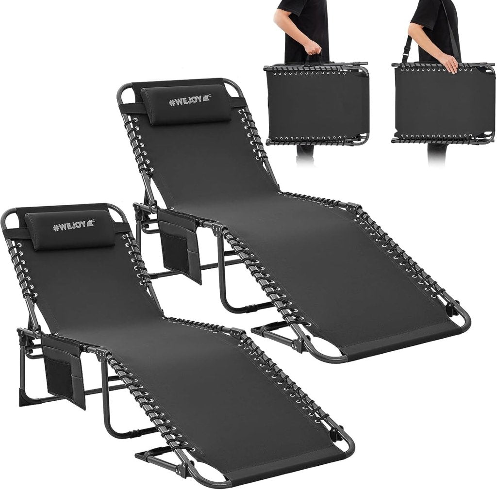 2 Pack Outdoor Chaise Lounge Chair - Portable Folding Patio Pool Lounge Chair, 5 Positions Adjustable Reclining Camping Chair with Side Table,Shoulder Strap, Pillow for Beach Sunbathing Lawn - Wigtrends