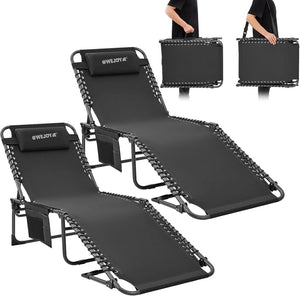 2 Pack Outdoor Chaise Lounge Chair - Portable Folding Patio Pool Lounge Chair, 5 Positions Adjustable Reclining Camping Chair with Side Table,Shoulder Strap, Pillow for Beach Sunbathing Lawn - Wigtrends