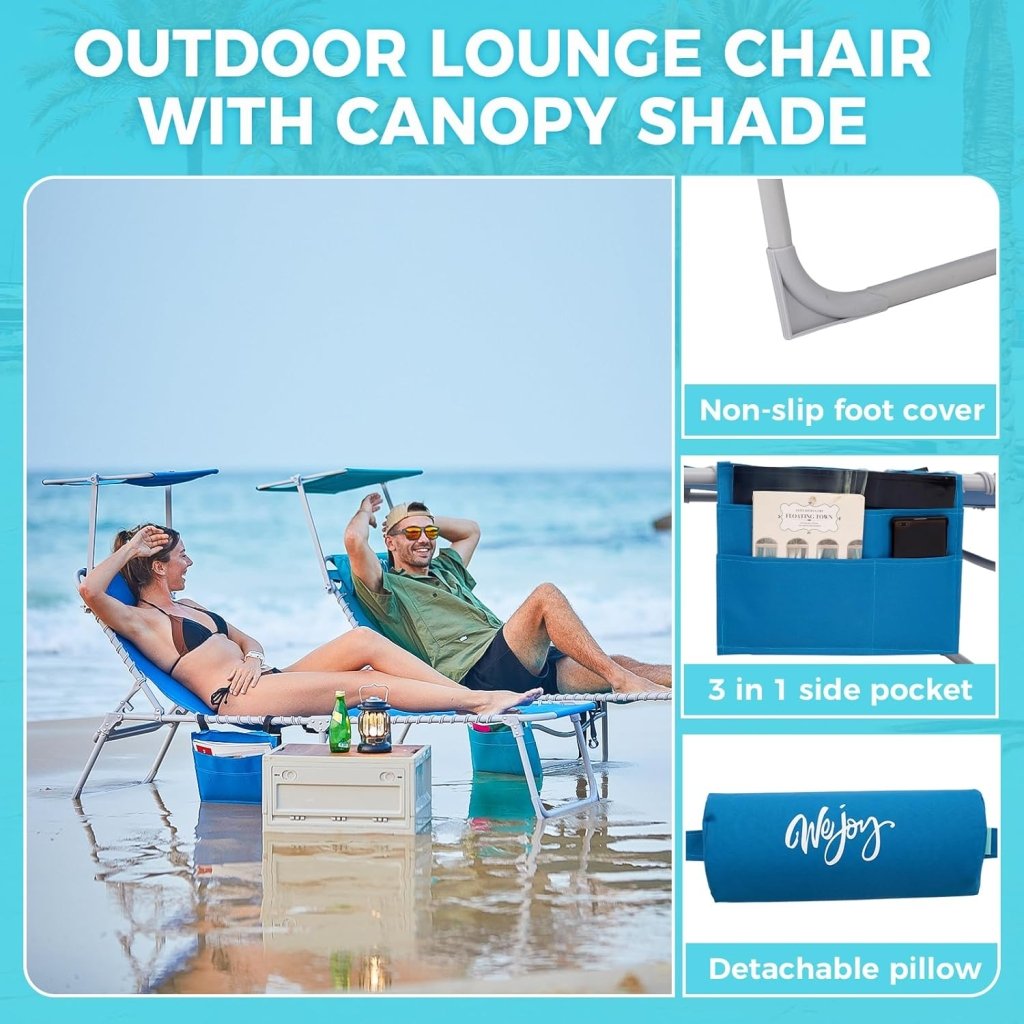 2 Pack Outdoor Chaise Lounge Chair - Portable Folding Patio Pool Lounge Chair, 5 Positions Adjustable Reclining Camping Chair with Side Table,Shoulder Strap, Pillow for Beach Sunbathing Lawn - Wigtrends