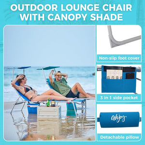 2 Pack Outdoor Chaise Lounge Chair - Portable Folding Patio Pool Lounge Chair, 5 Positions Adjustable Reclining Camping Chair with Side Table,Shoulder Strap, Pillow for Beach Sunbathing Lawn - Wigtrends