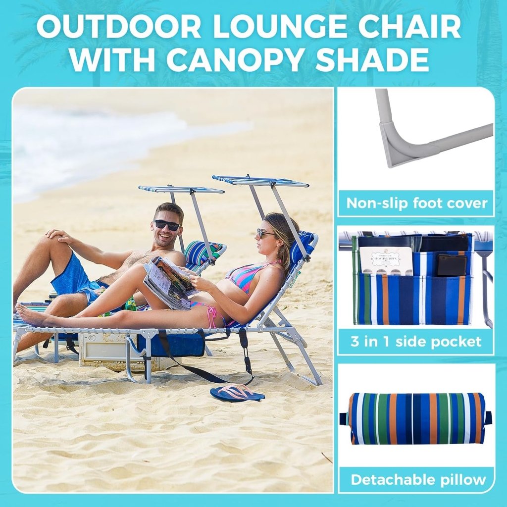 2 Pack Outdoor Chaise Lounge Chair - Portable Folding Patio Pool Lounge Chair, 5 Positions Adjustable Reclining Camping Chair with Side Table,Shoulder Strap, Pillow for Beach Sunbathing Lawn - Wigtrends