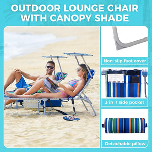 2 Pack Outdoor Chaise Lounge Chair - Portable Folding Patio Pool Lounge Chair, 5 Positions Adjustable Reclining Camping Chair with Side Table,Shoulder Strap, Pillow for Beach Sunbathing Lawn - Wigtrends