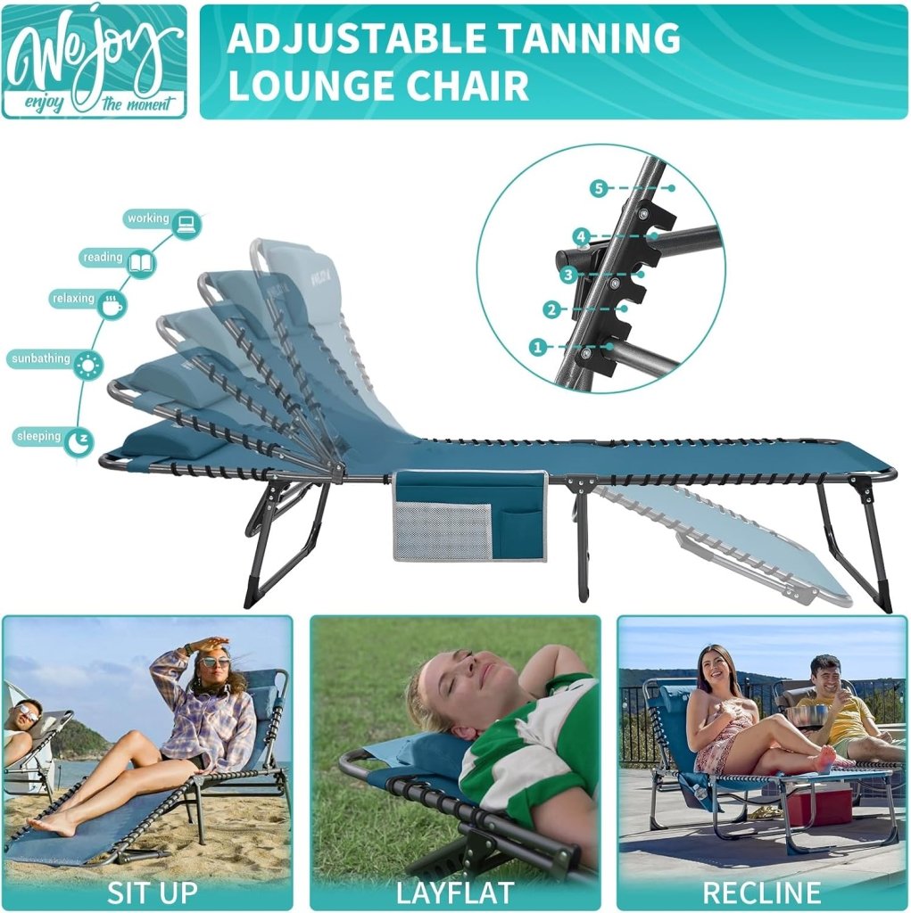 2 Pack Outdoor Chaise Lounge Chair - Portable Folding Patio Pool Lounge Chair, 5 Positions Adjustable Reclining Camping Chair with Side Table,Shoulder Strap, Pillow for Beach Sunbathing Lawn - Wigtrends