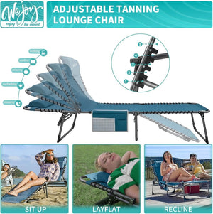 2 Pack Outdoor Chaise Lounge Chair - Portable Folding Patio Pool Lounge Chair, 5 Positions Adjustable Reclining Camping Chair with Side Table,Shoulder Strap, Pillow for Beach Sunbathing Lawn - Wigtrends