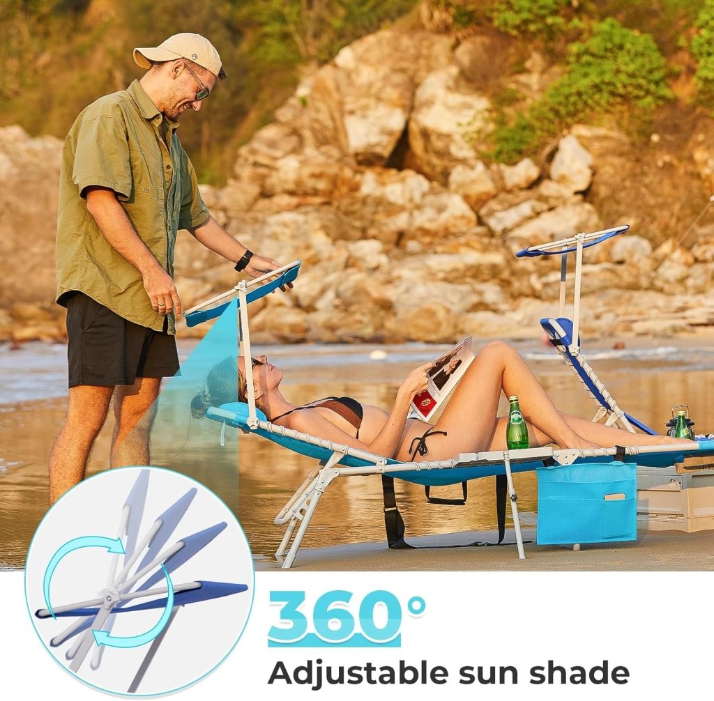 2 Pack Outdoor Chaise Lounge Chair - Portable Folding Patio Pool Lounge Chair, 5 Positions Adjustable Reclining Camping Chair with Side Table,Shoulder Strap, Pillow for Beach Sunbathing Lawn - Wigtrends
